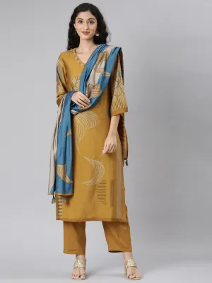 Neerus Gold Straight Casual Floral Kurta and Trouser with Dupatta