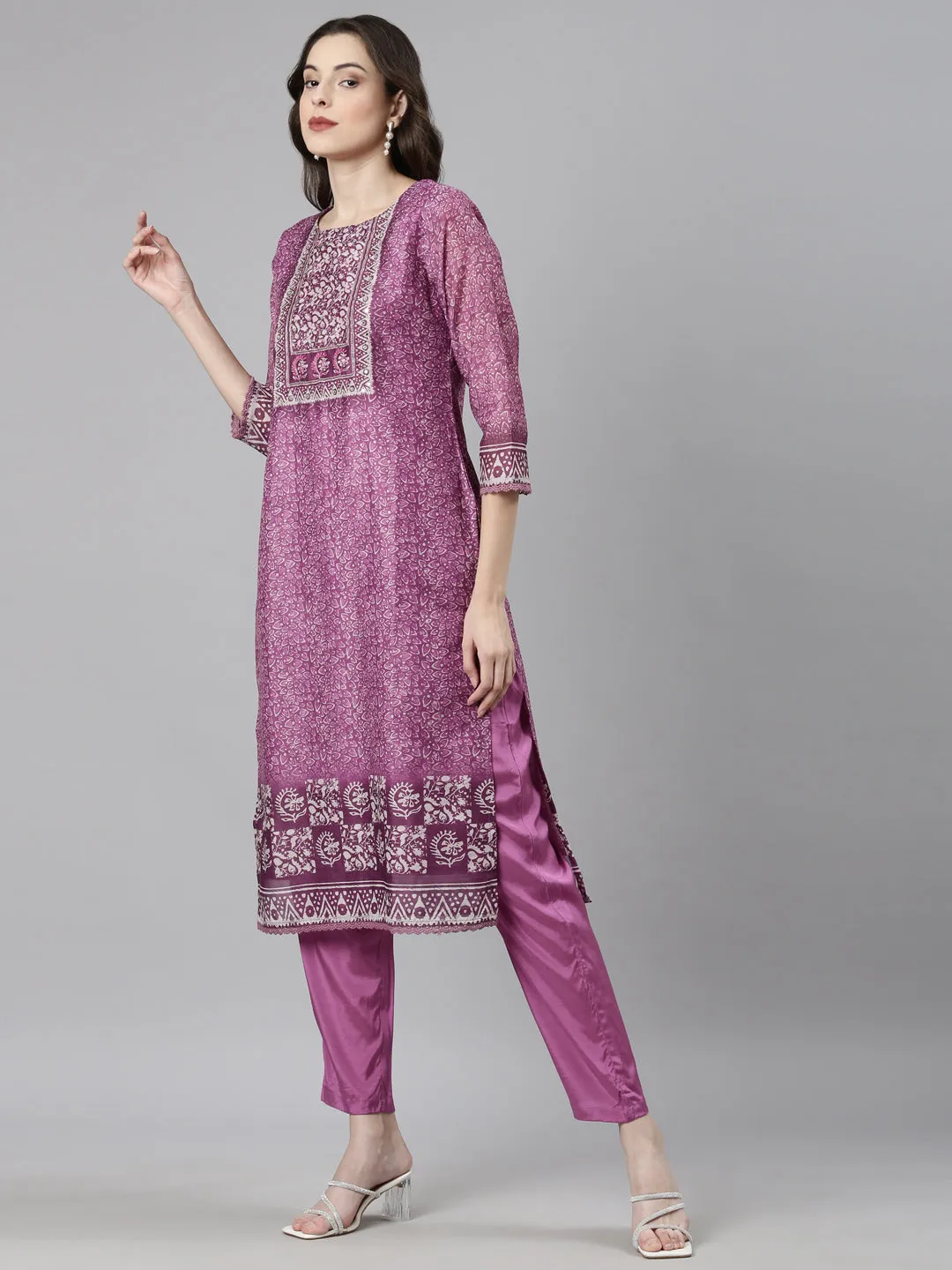 Neerus Magenta Casual Floral Straight Kurta and Trousers With Dupatta