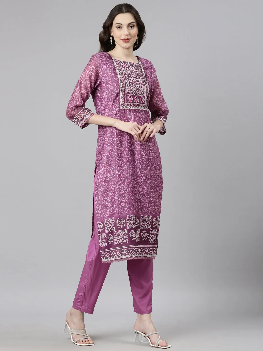 Neerus Magenta Casual Floral Straight Kurta and Trousers With Dupatta