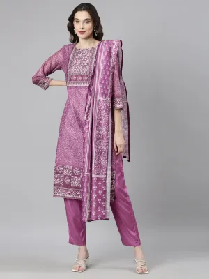 Neerus Magenta Casual Floral Straight Kurta and Trousers With Dupatta