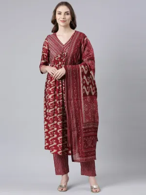 Neerus Maroon Panelled Printed Kurta And Trousers With Dupatta