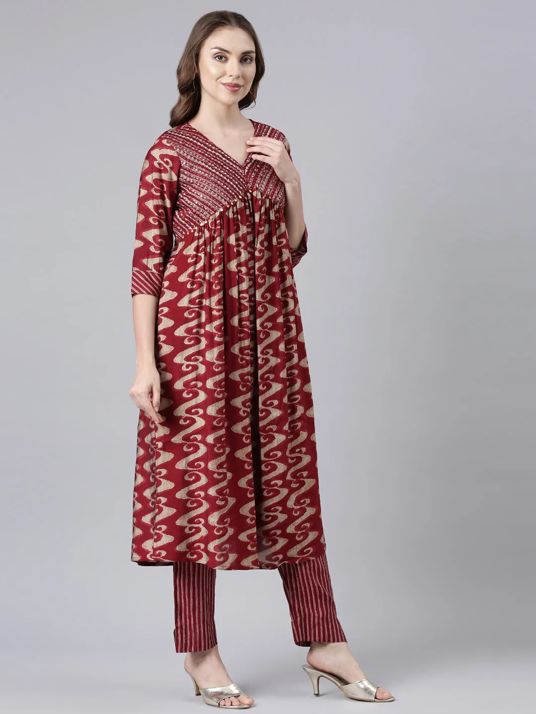 Neerus Maroon Panelled Printed Kurta And Trousers With Dupatta