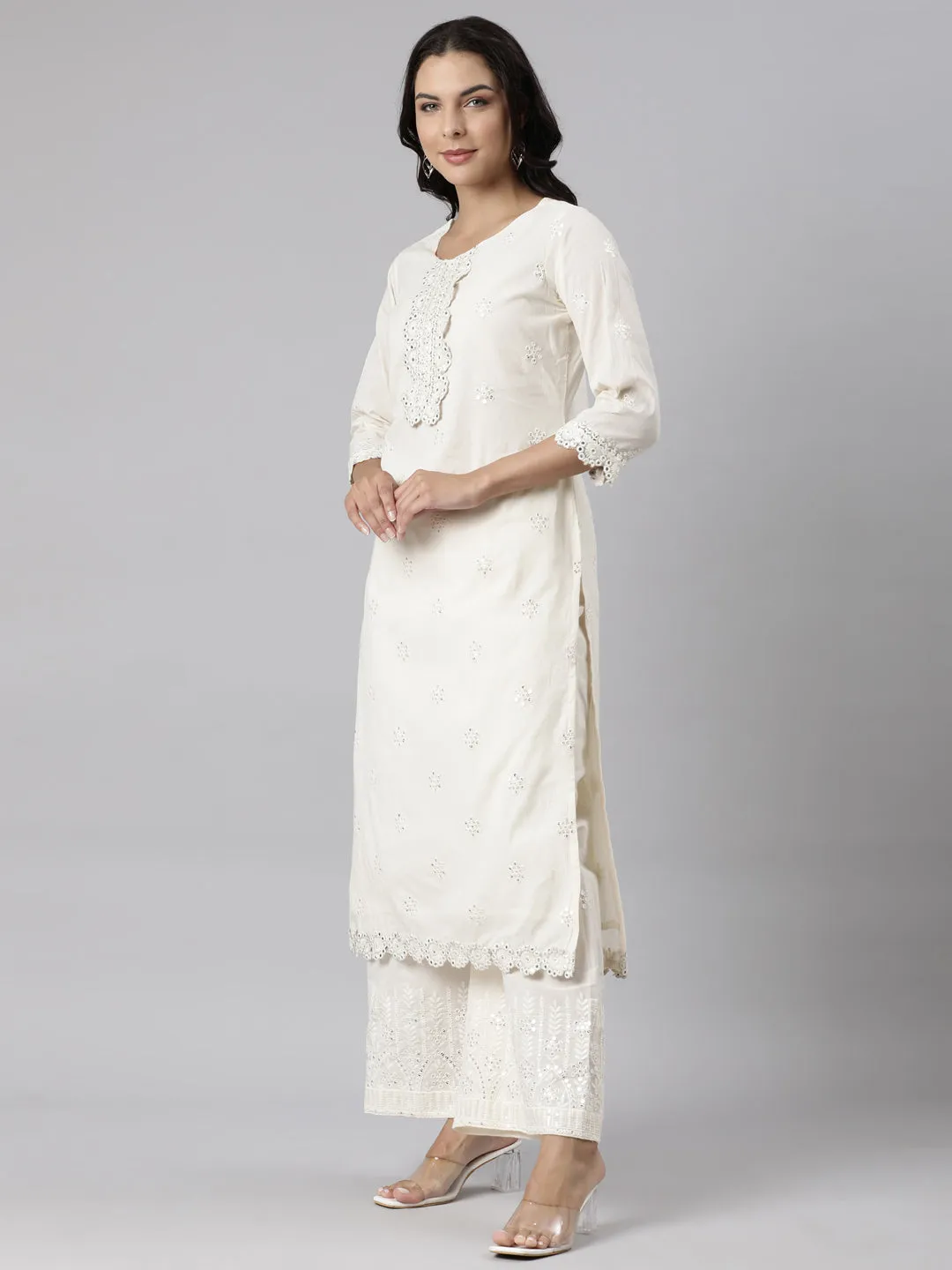 Neerus Off White Panelled Straight Solid Kurta And Palazzos With Dupatta