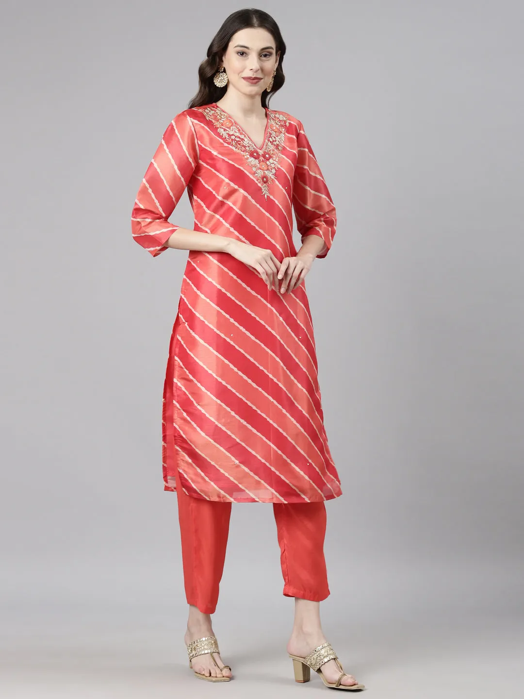 Neerus Red Casual Leheriya Straight Kurta and Trousers With Dupatta