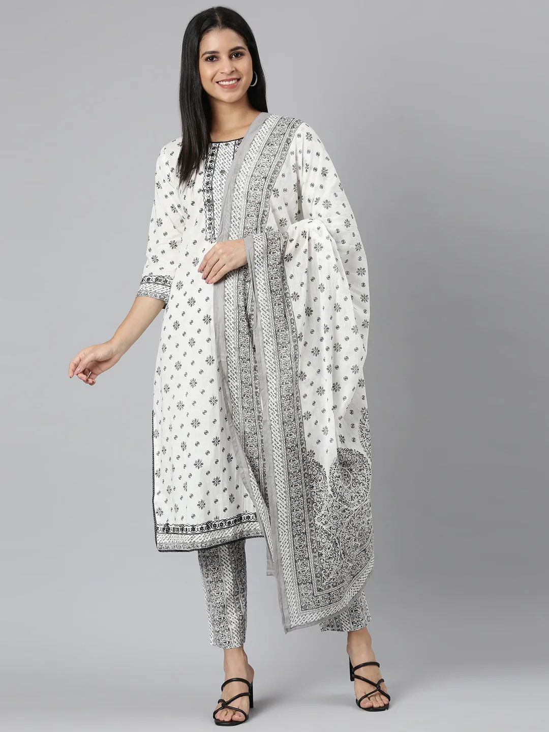 Neerus white Regular Straight Printed Kurta and Trousers With Dupatta