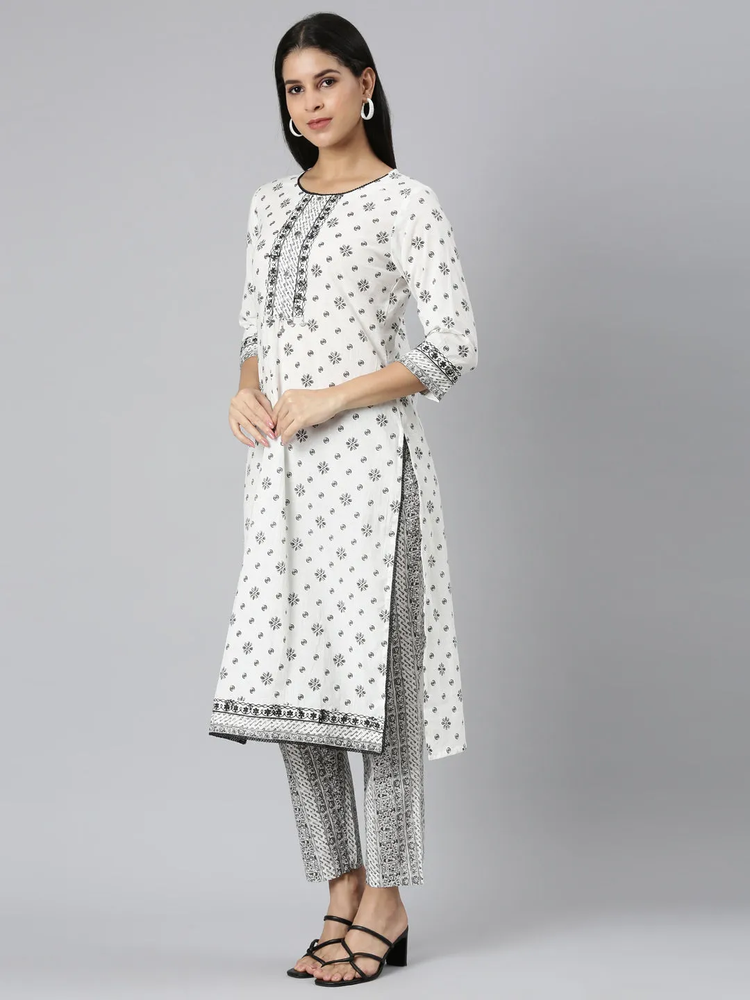 Neerus white Regular Straight Printed Kurta and Trousers With Dupatta