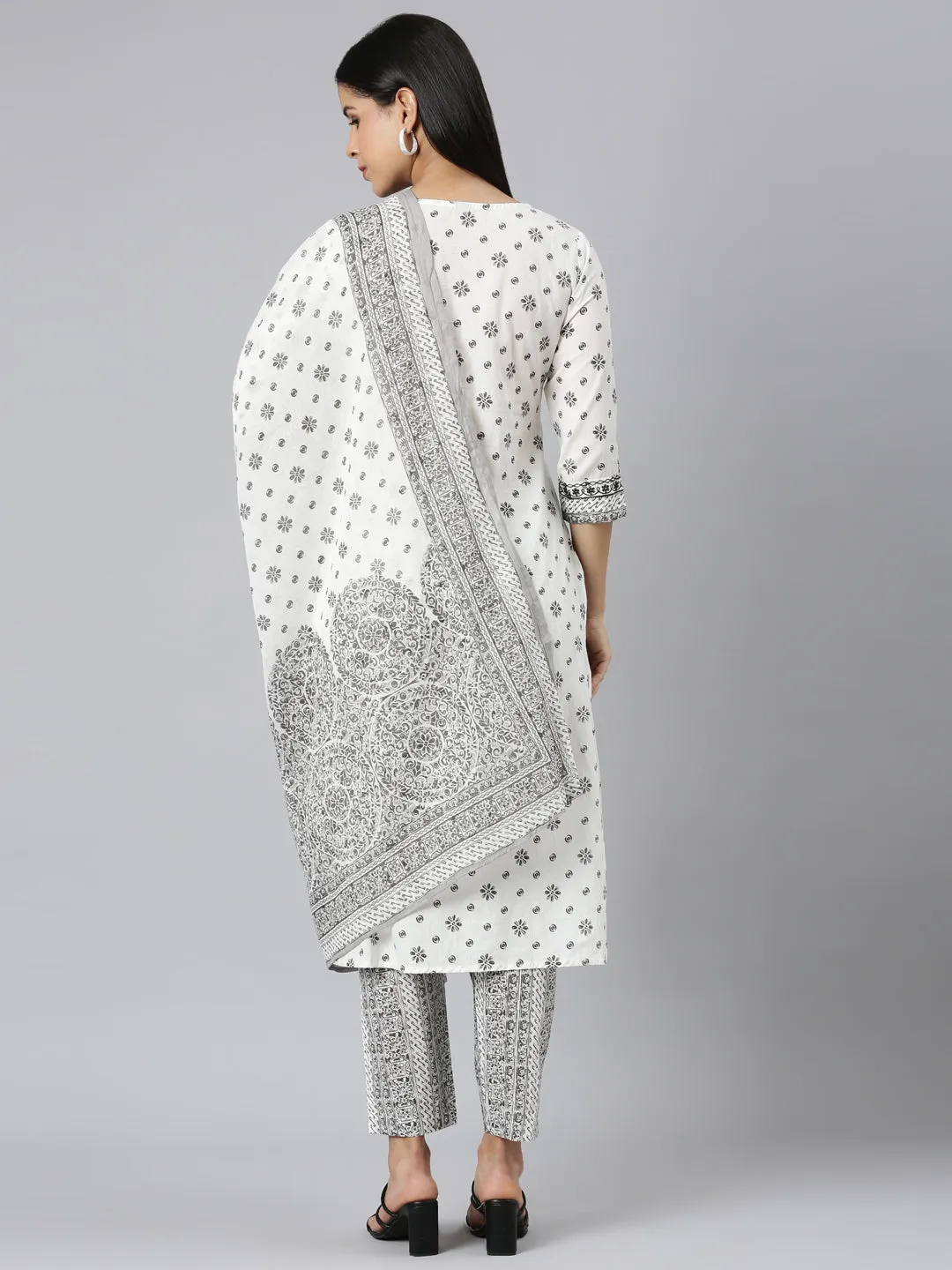 Neerus white Regular Straight Printed Kurta and Trousers With Dupatta