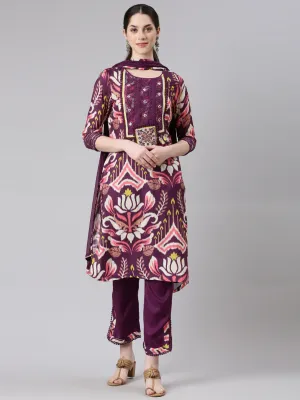 Neerus Women Purple Straight Kurta and Trousers With Dupatta