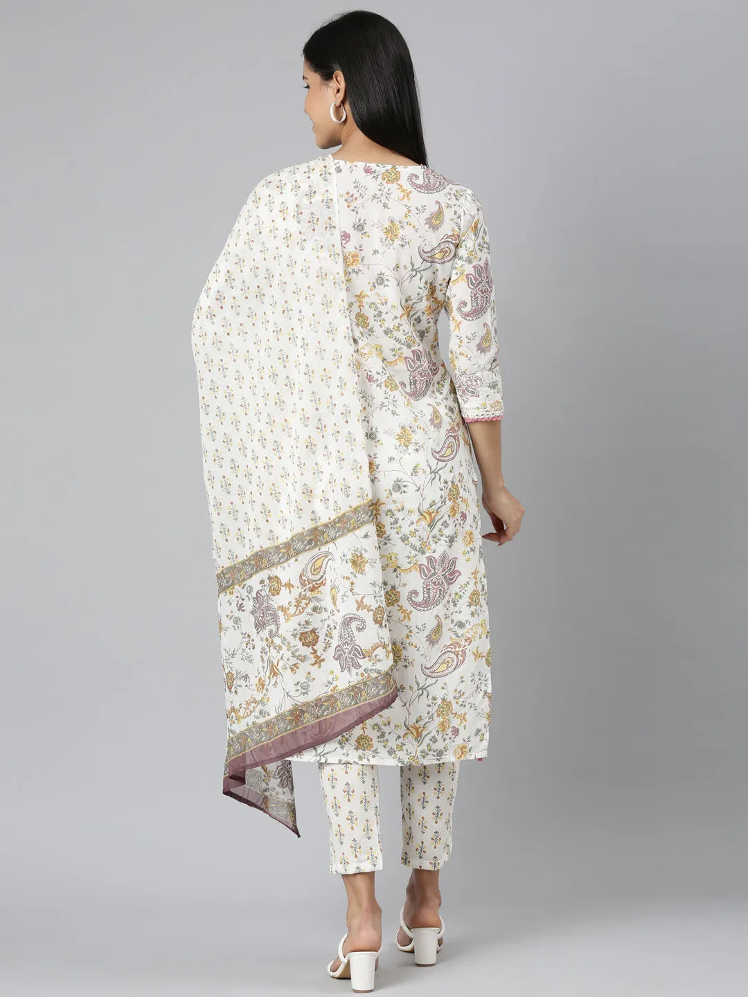 Neerus Yellow Regular Straight Printed Kurta and Trousers With Dupatta