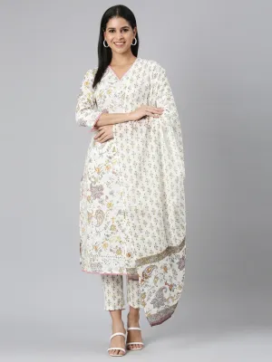 Neerus Yellow Regular Straight Printed Kurta and Trousers With Dupatta