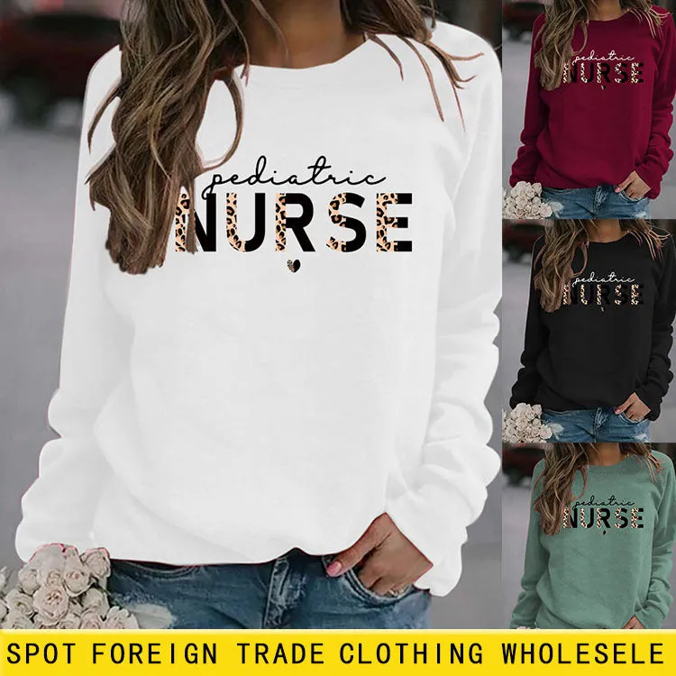 Pediatric Nurse Leopard Love Letter Fashion Loose Long Sleeve Sweater