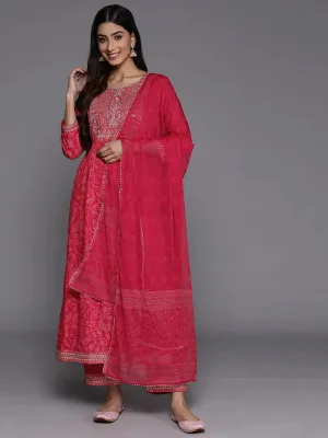 Pink Embroidered Rayon A-Line Kurta With Trousers & Dupatta