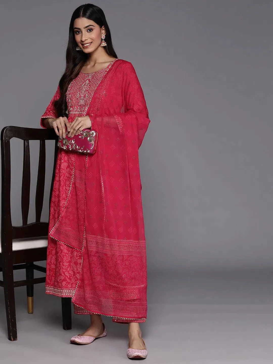 Pink Embroidered Rayon A-Line Kurta With Trousers & Dupatta