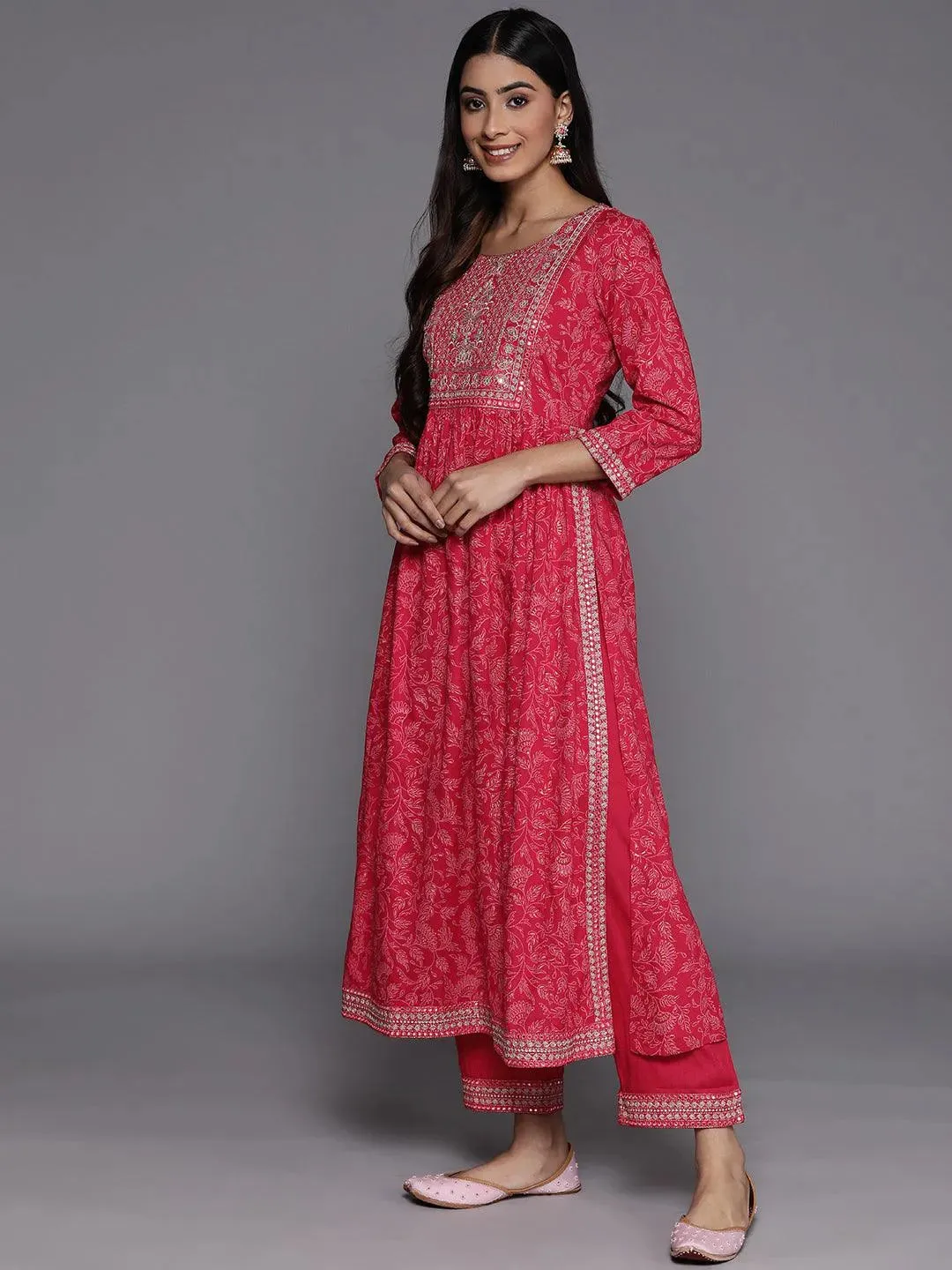 Pink Embroidered Rayon A-Line Kurta With Trousers & Dupatta