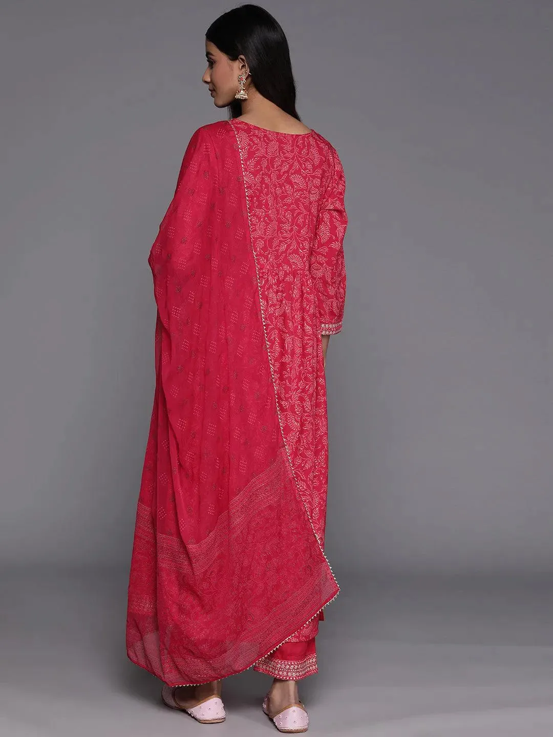 Pink Embroidered Rayon A-Line Kurta With Trousers & Dupatta