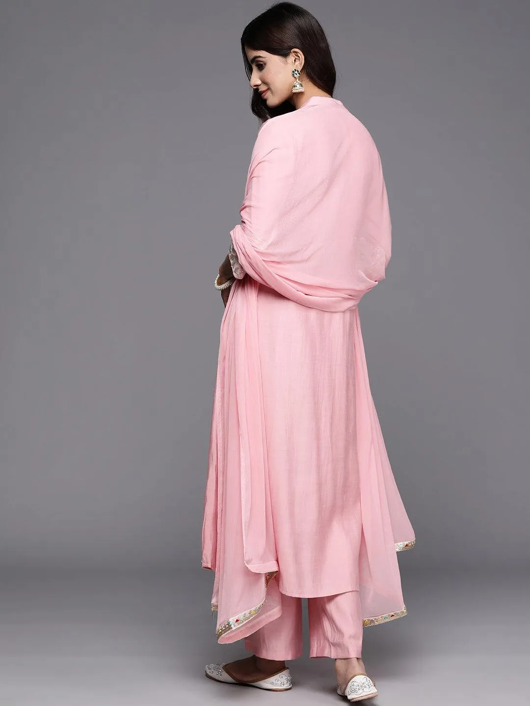 Pink Solid Silk Blend A-Line Kurta With Trousers & Dupatta