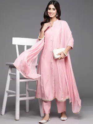 Pink Solid Silk Blend A-Line Kurta With Trousers & Dupatta