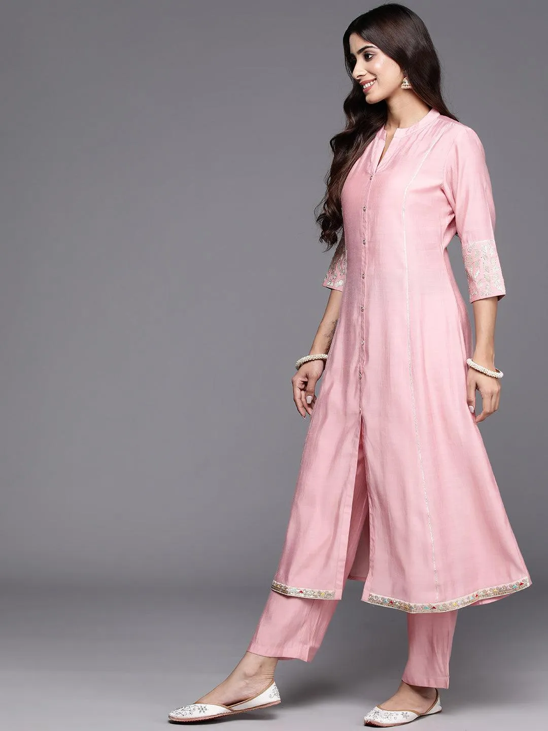 Pink Solid Silk Blend A-Line Kurta With Trousers & Dupatta