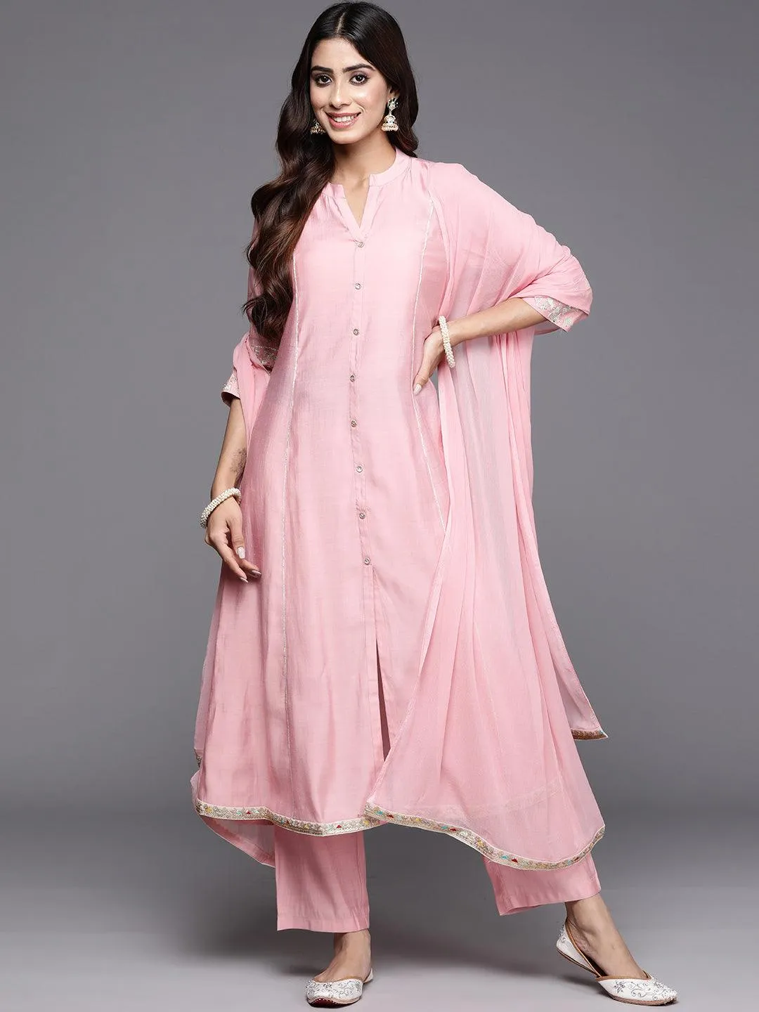 Pink Solid Silk Blend A-Line Kurta With Trousers & Dupatta