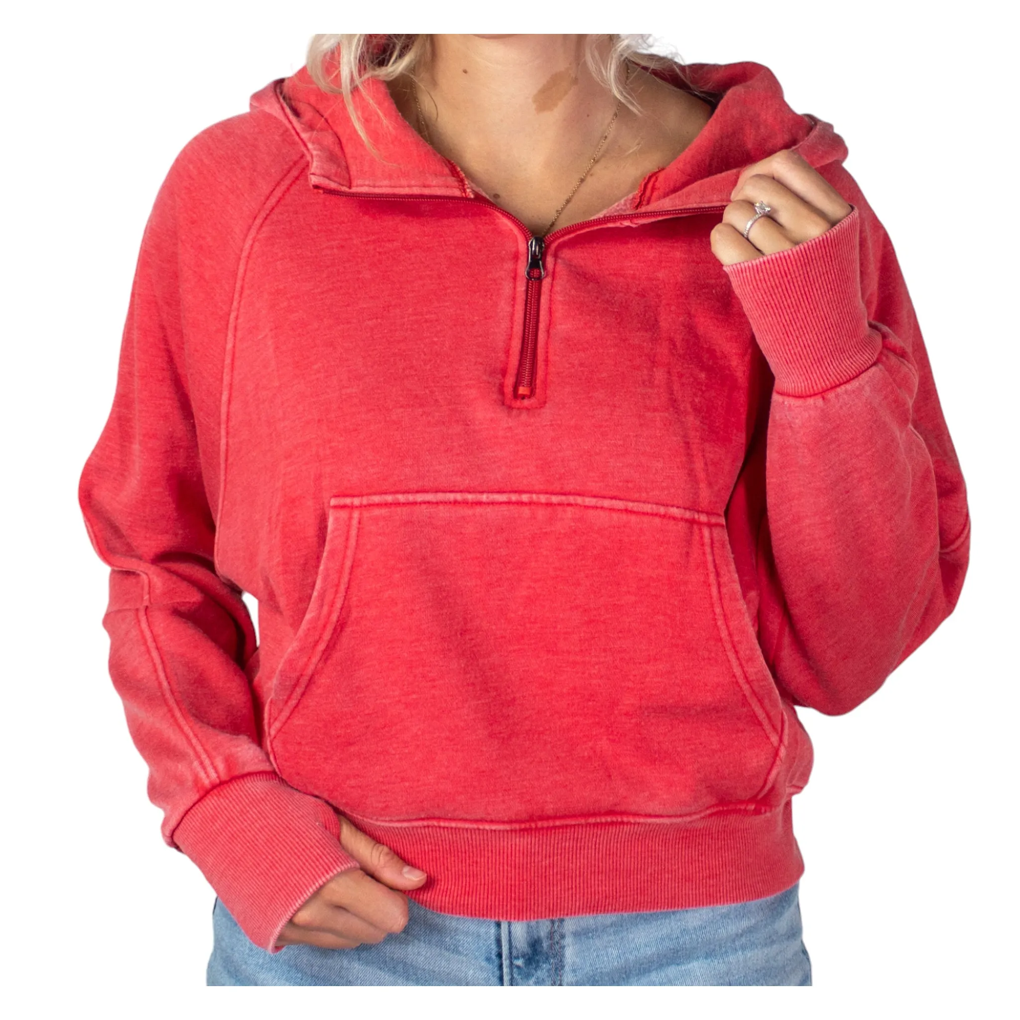 PO-7204 Half Zip Wash Hoodie Red