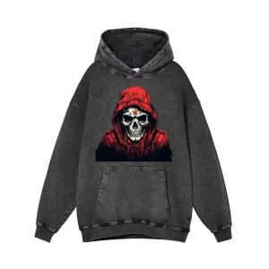 Red Hoodie Skeleton Pattern Vintage Washed Hoodie