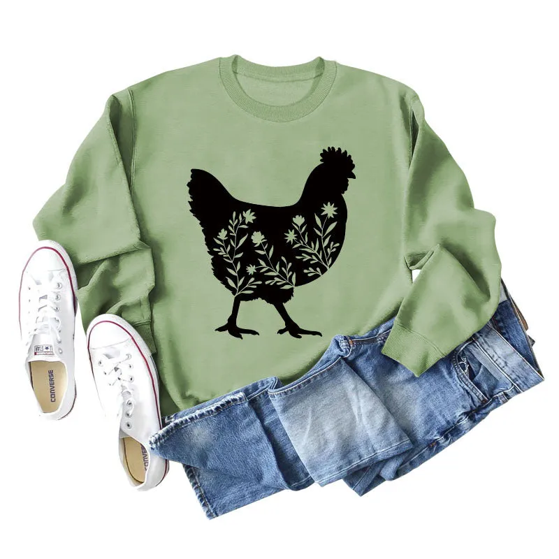 Rooster Print Long Sleeve Round Neck Sweater Women