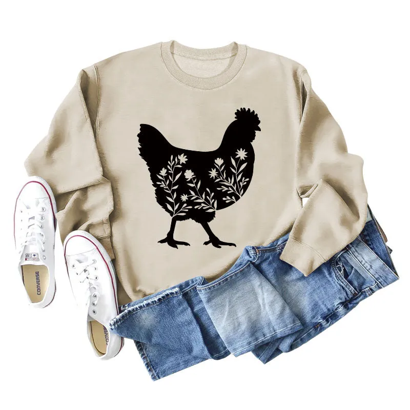 Rooster Print Long Sleeve Round Neck Sweater Women