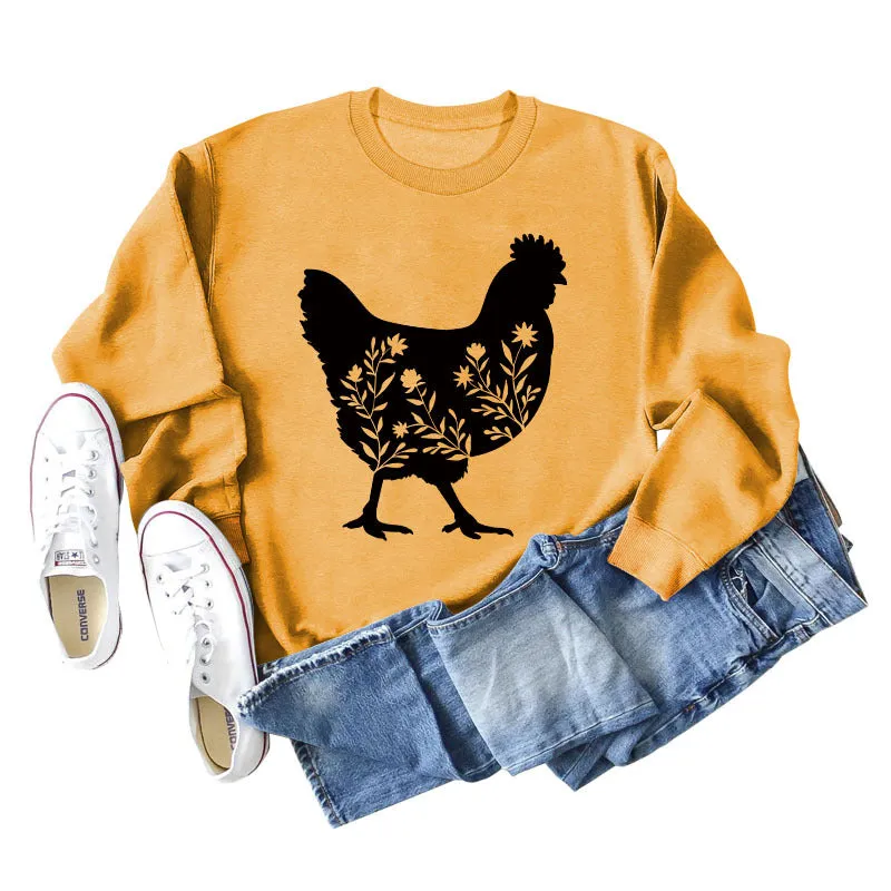 Rooster Print Long Sleeve Round Neck Sweater Women