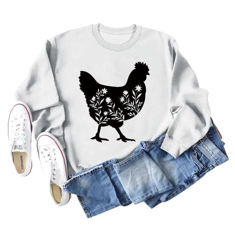 Rooster Print Long Sleeve Round Neck Sweater Women