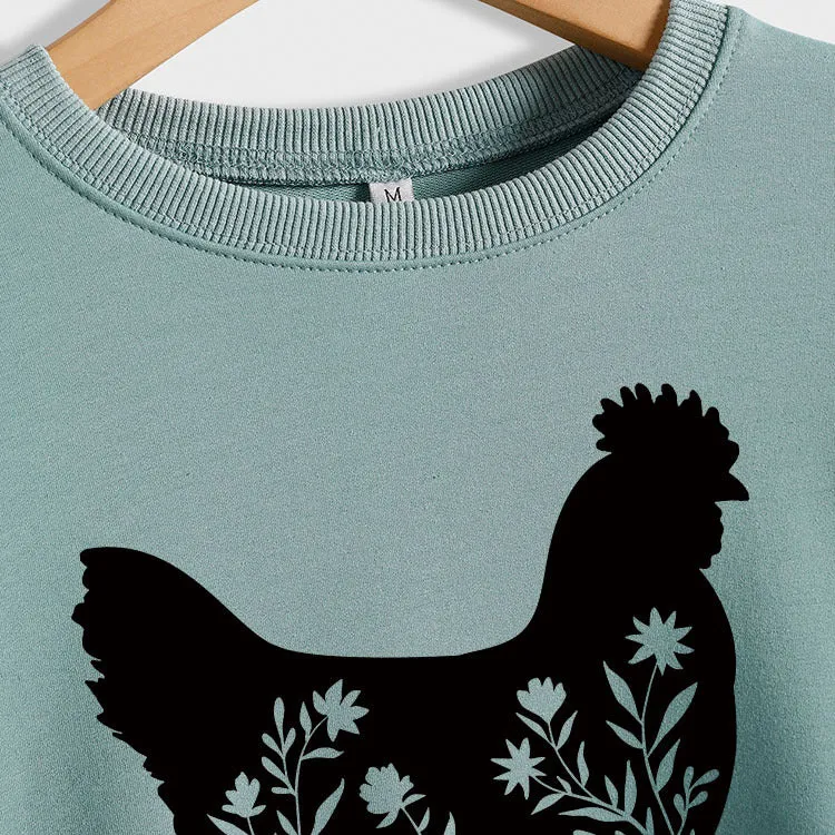 Rooster Print Long Sleeve Round Neck Sweater Women