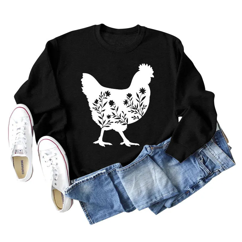 Rooster Print Long Sleeve Round Neck Sweater Women