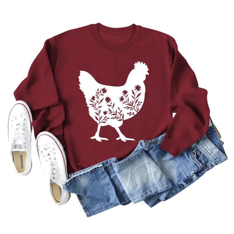 Rooster Print Long Sleeve Round Neck Sweater Women