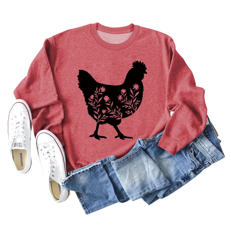 Rooster Print Long Sleeve Round Neck Sweater Women