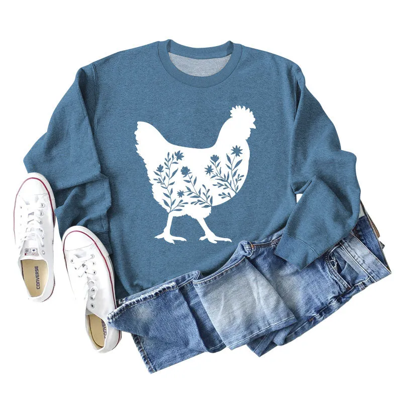 Rooster Print Long Sleeve Round Neck Sweater Women