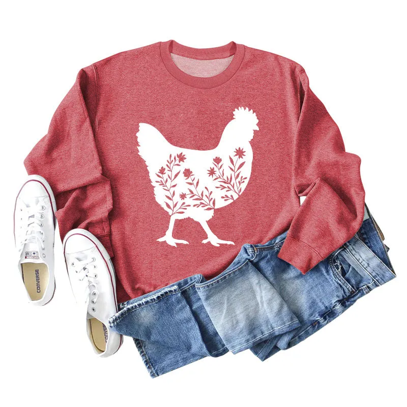 Rooster Print Long Sleeve Round Neck Sweater Women