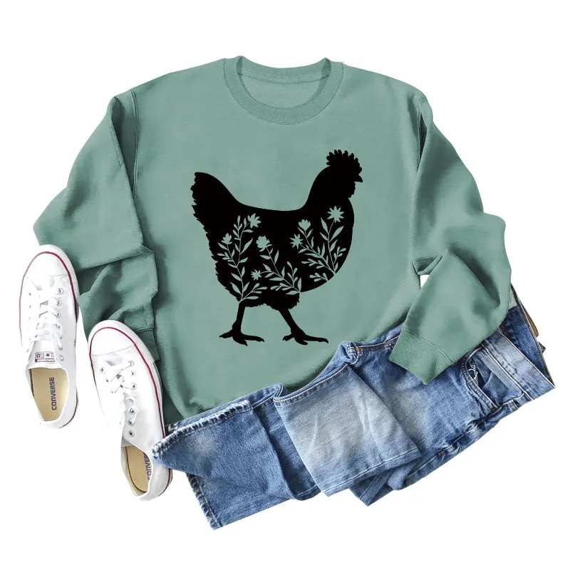 Rooster Print Long Sleeve Round Neck Sweater Women