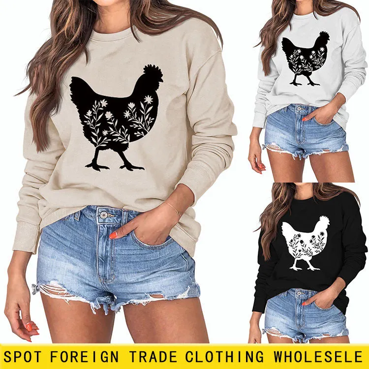 Rooster Print Long Sleeve Round Neck Sweater Women