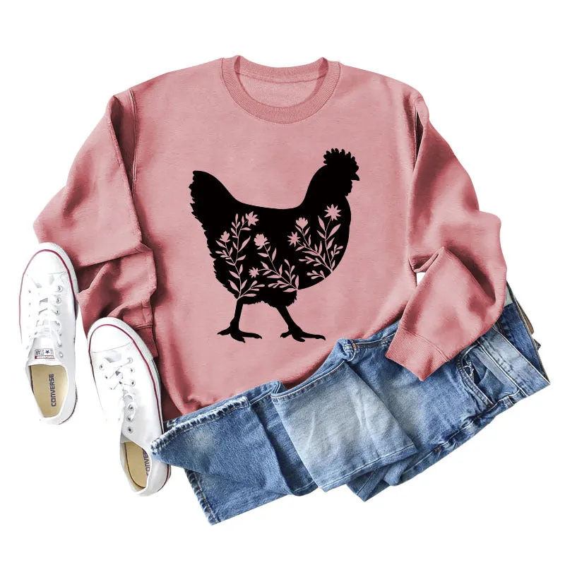 Rooster Print Long Sleeve Round Neck Sweater Women