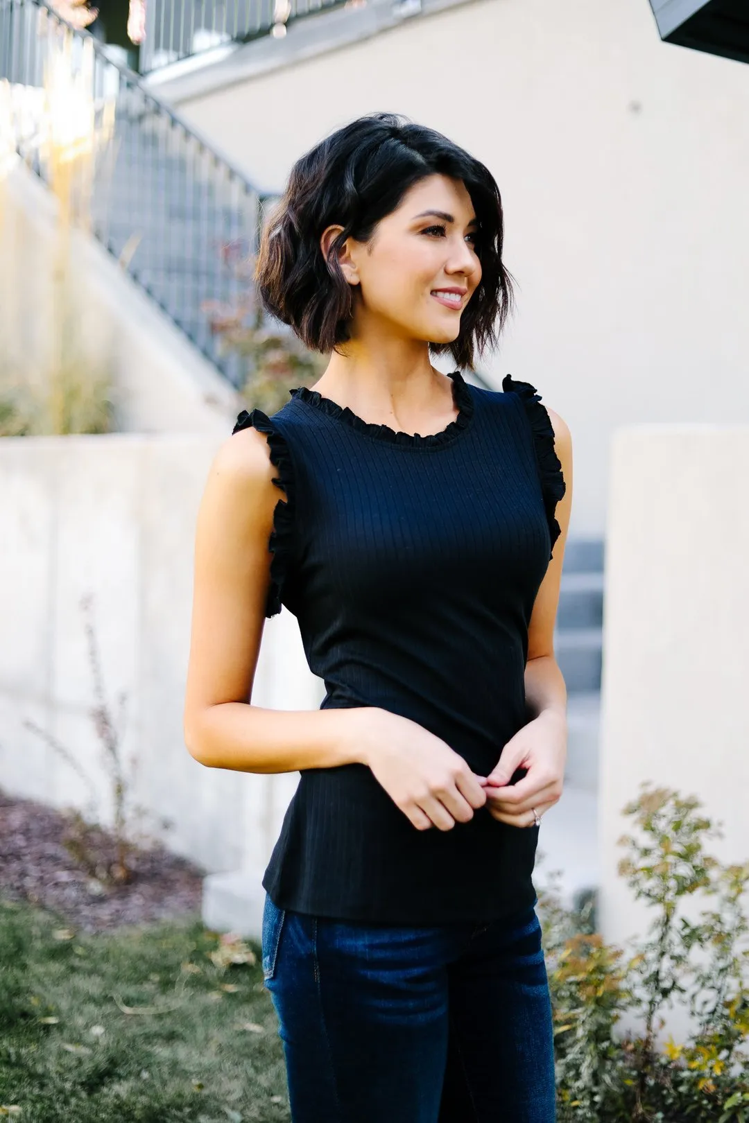 Ruffled Mock Neck Sleeveless Top