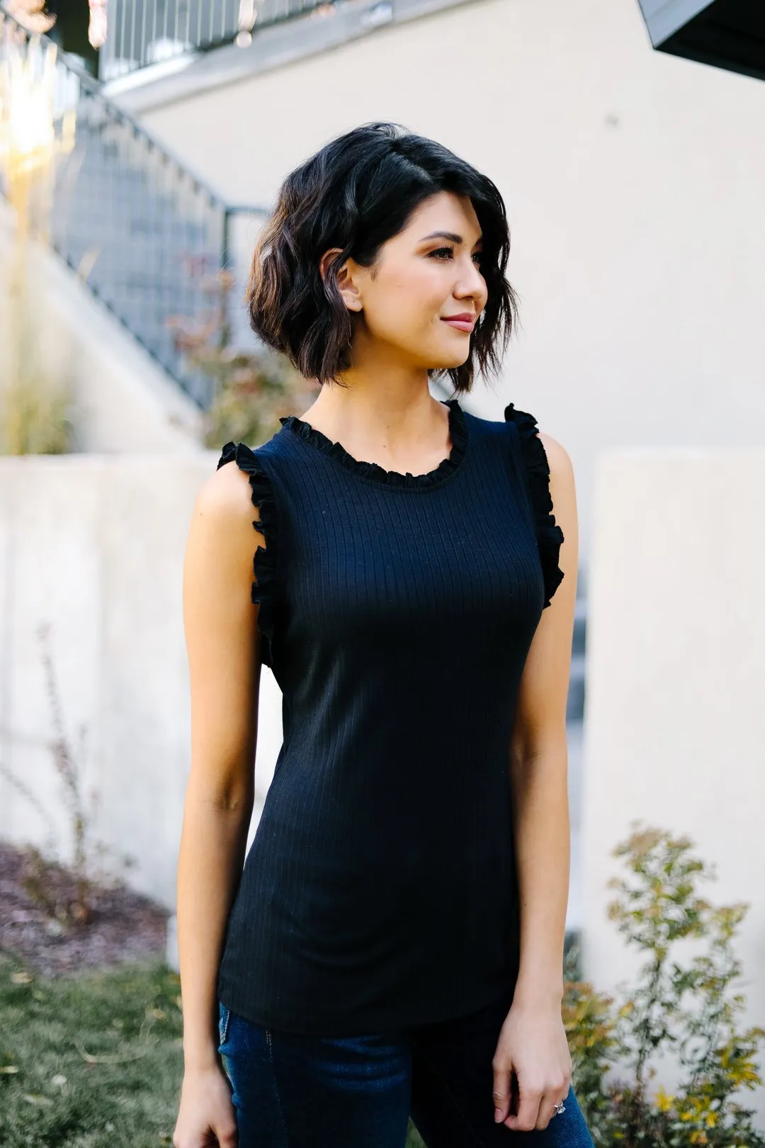 Ruffled Mock Neck Sleeveless Top