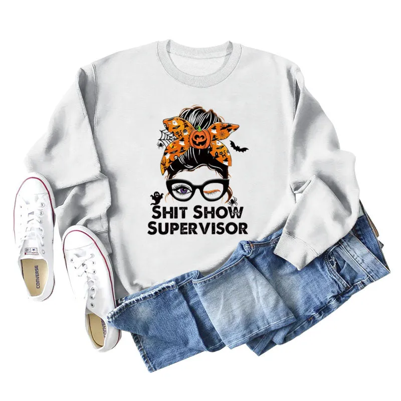 Shit Show Super Bow Letter Pumpkin Print Sweater Long Sleeve