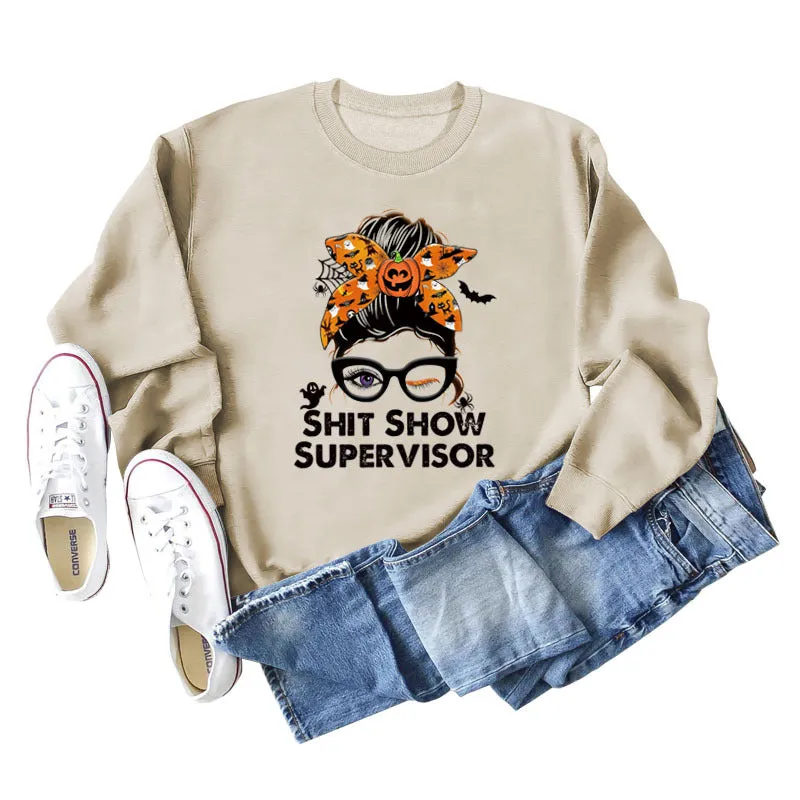 Shit Show Super Bow Letter Pumpkin Print Sweater Long Sleeve