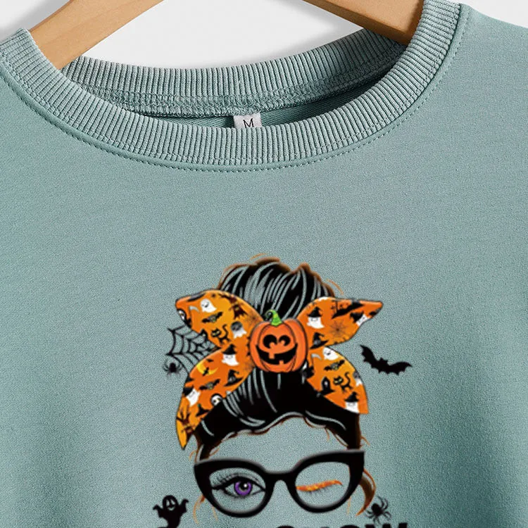 Shit Show Super Bow Letter Pumpkin Print Sweater Long Sleeve