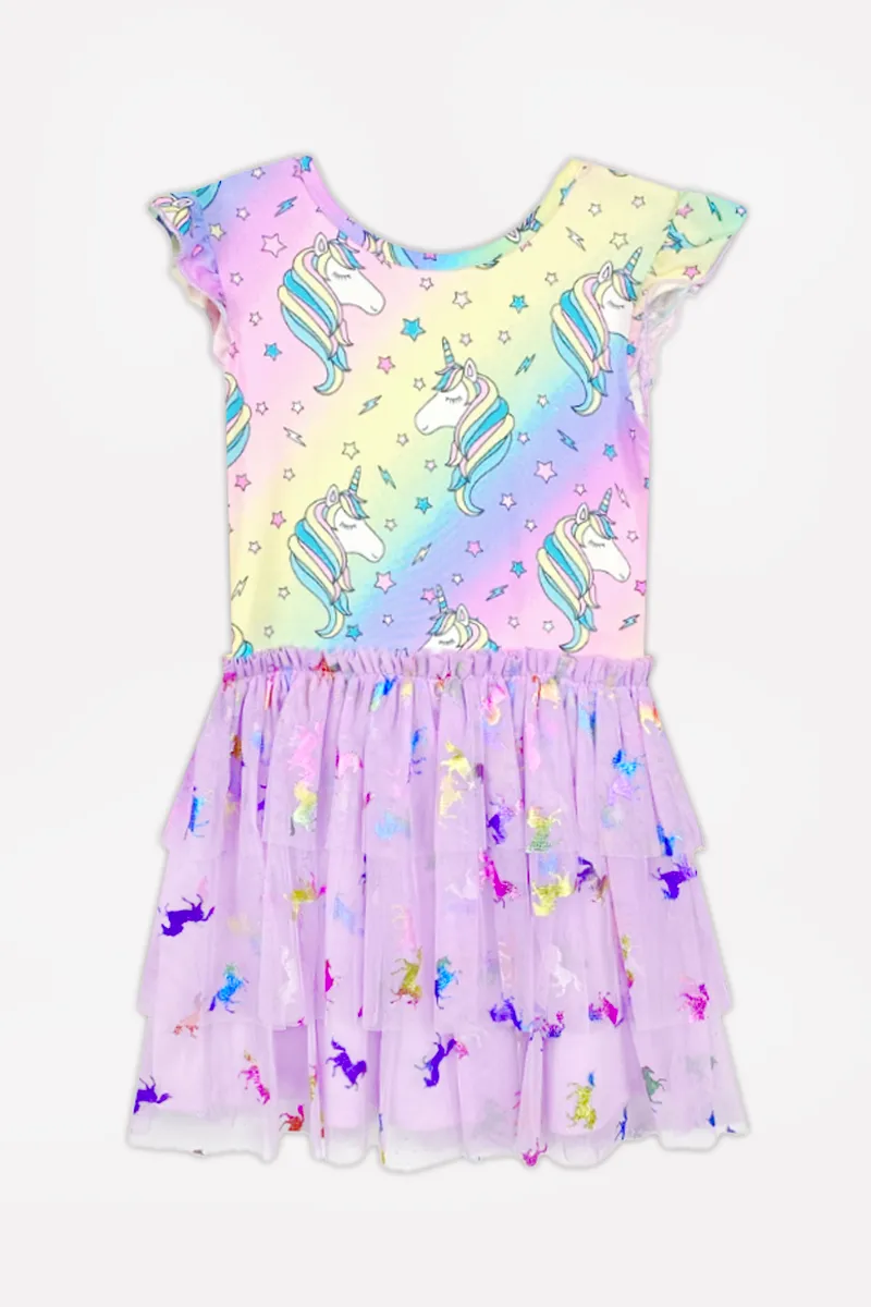 Simply Soft Flutter Sleeve Tiered Tulle Dress - Ombre Unicorn Tulle