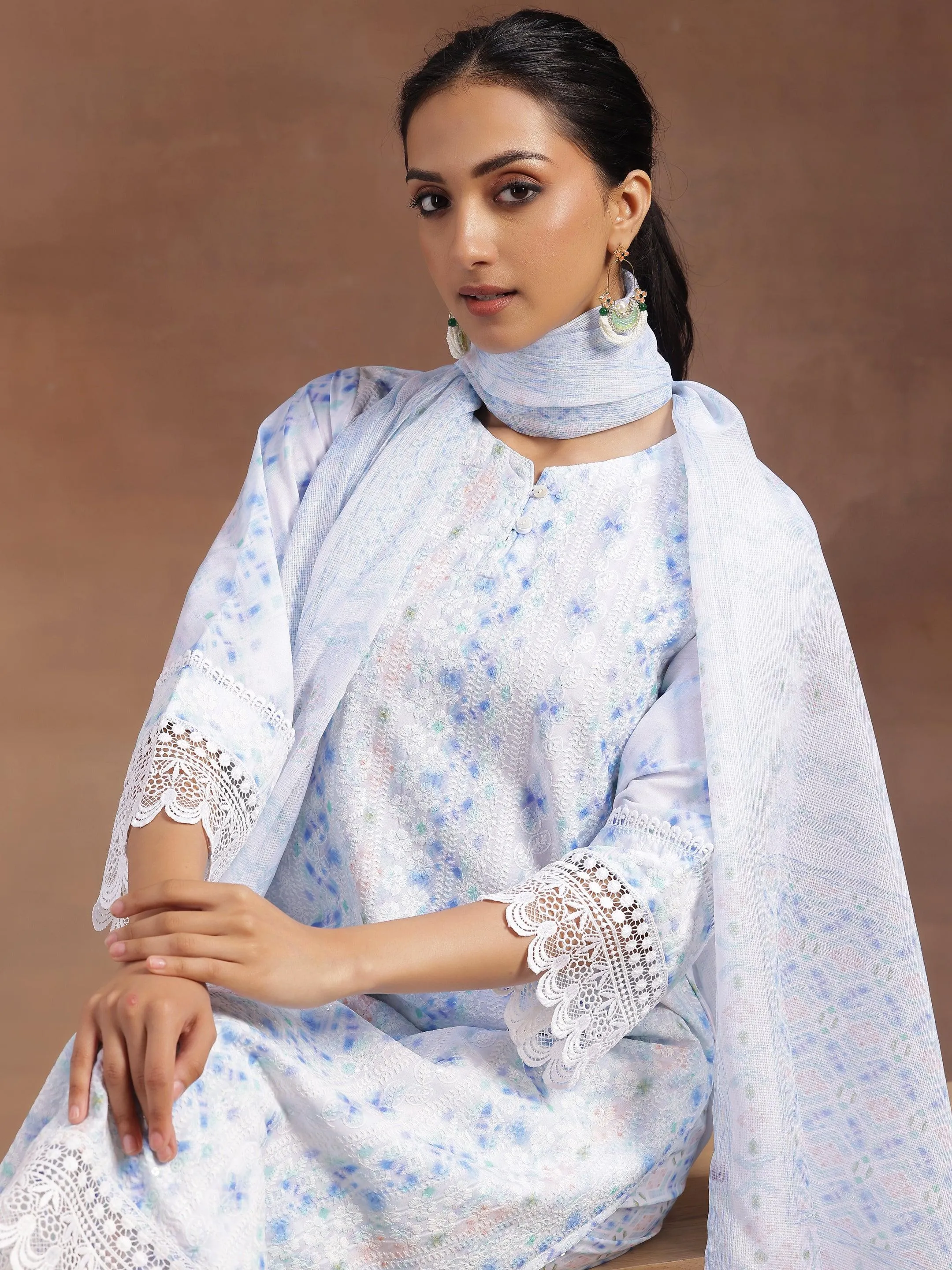 Sky Blue Embroidered Cotton Blend Straight Suit With Dupatta