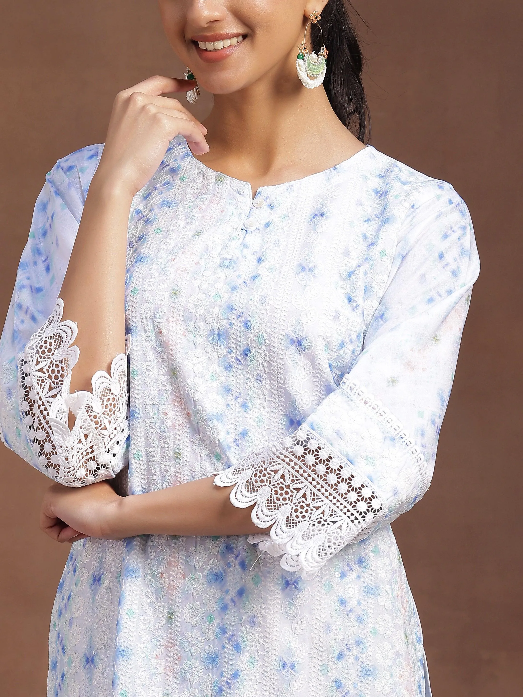 Sky Blue Embroidered Cotton Blend Straight Suit With Dupatta