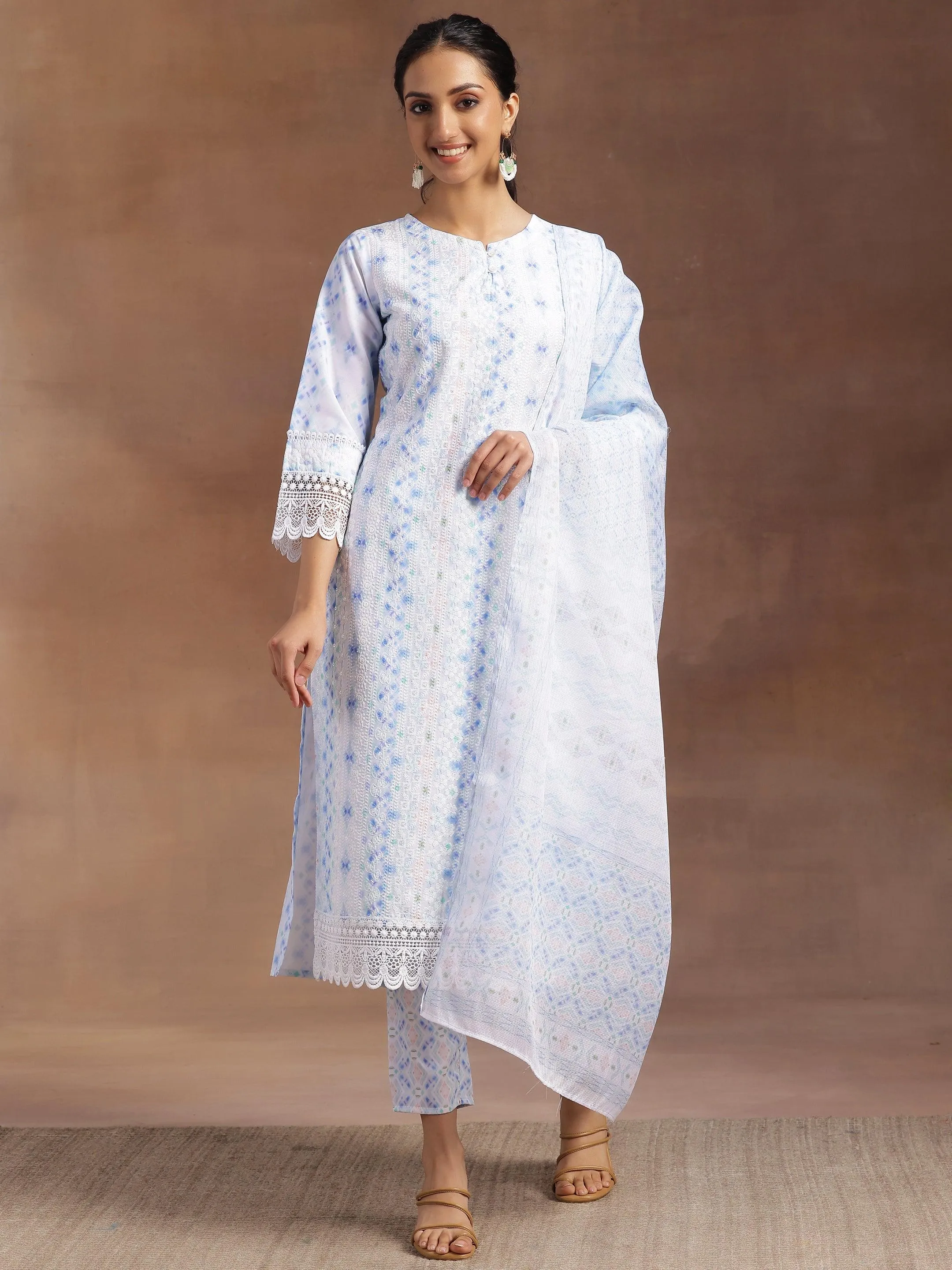 Sky Blue Embroidered Cotton Blend Straight Suit With Dupatta