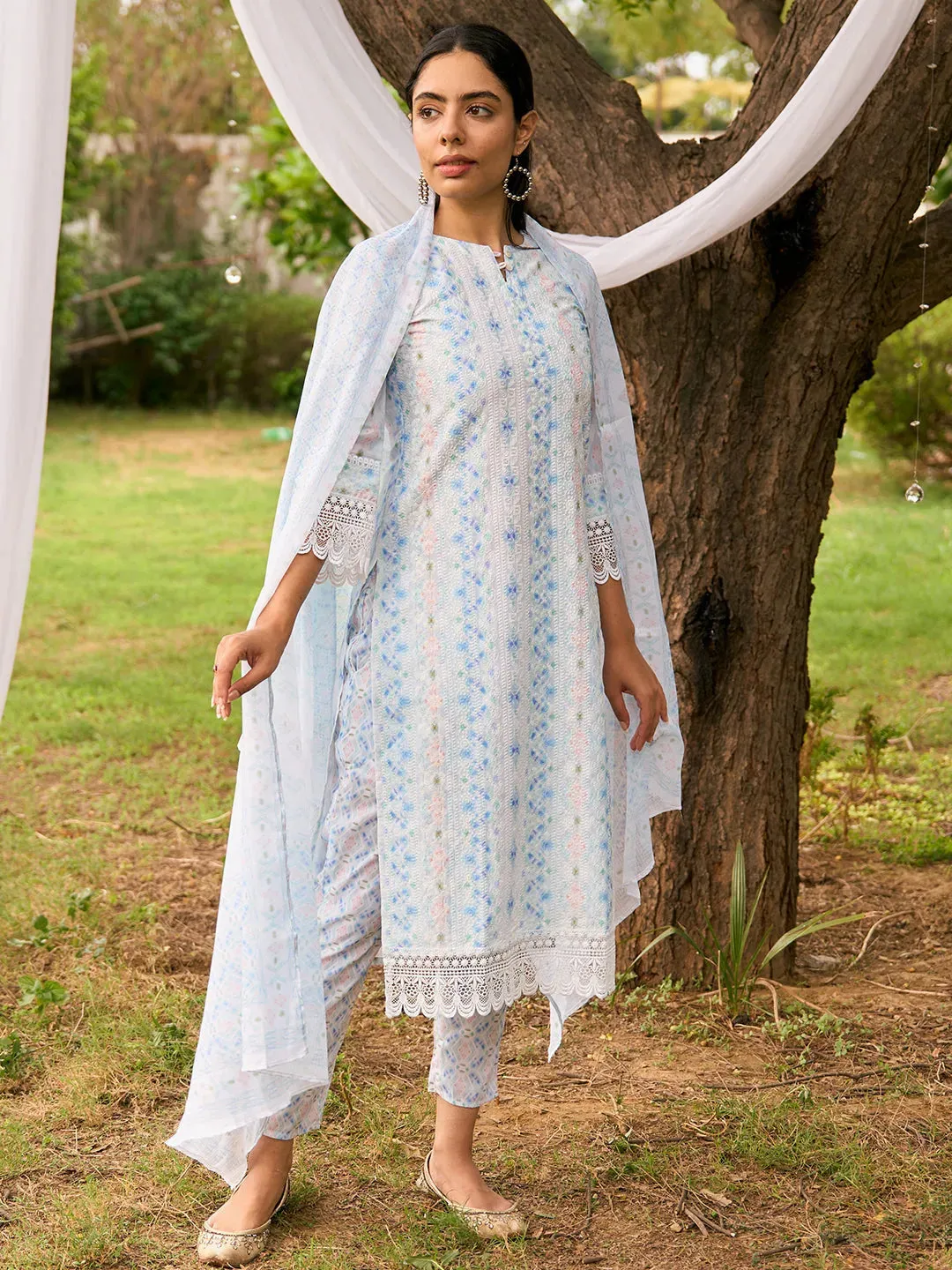 Sky Blue Embroidered Cotton Blend Straight Suit With Dupatta