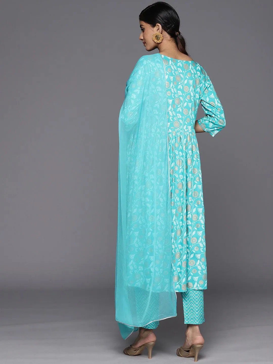 Turquoise Blue Yoke Design Rayon A-Line Kurta With Trousers & Dupatta