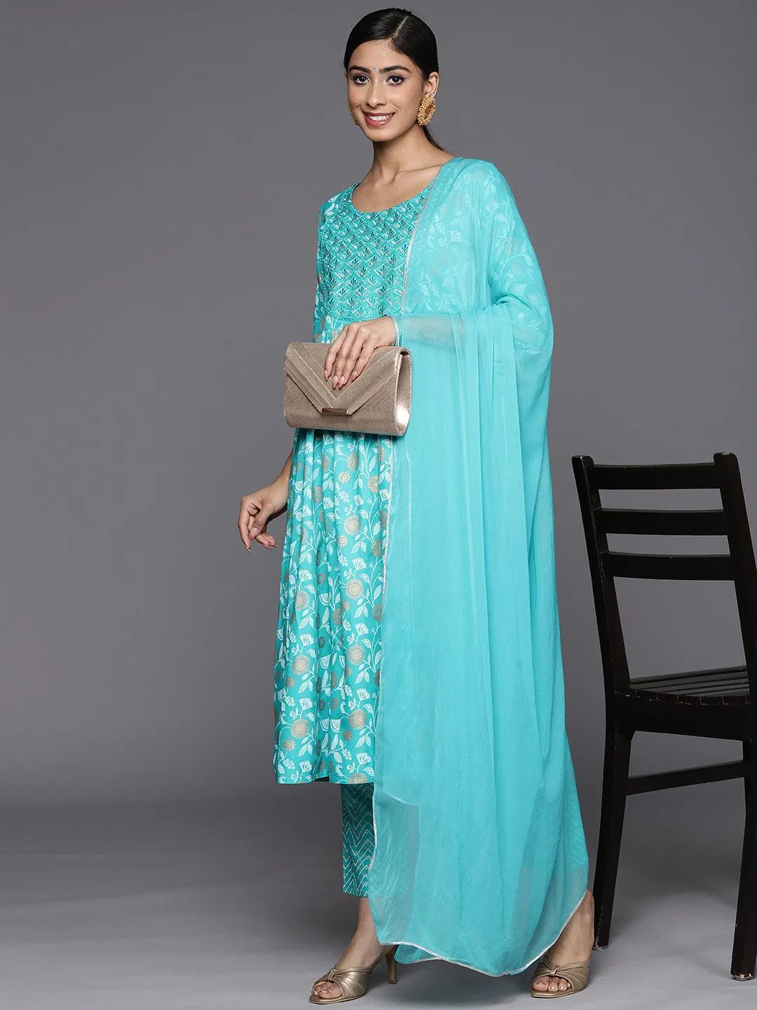 Turquoise Blue Yoke Design Rayon A-Line Kurta With Trousers & Dupatta